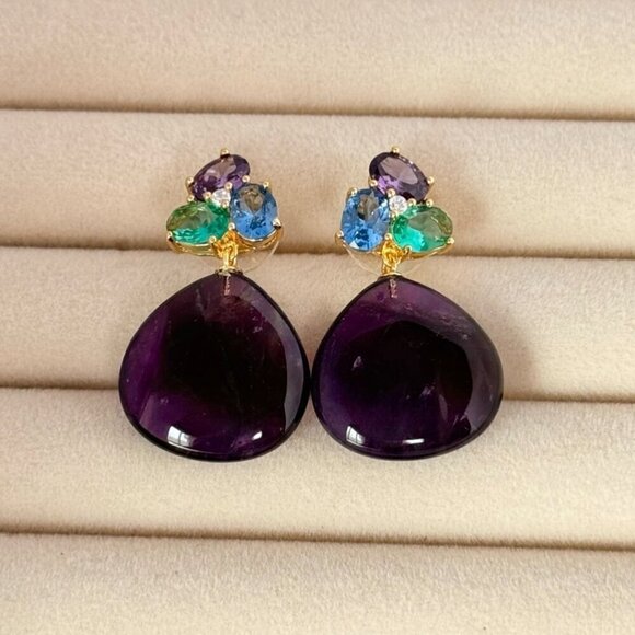 NWT Statement Amethyst Drop Earrings Teardrop 18K Gold Plated Crystal Accents - Picture 7 of 11